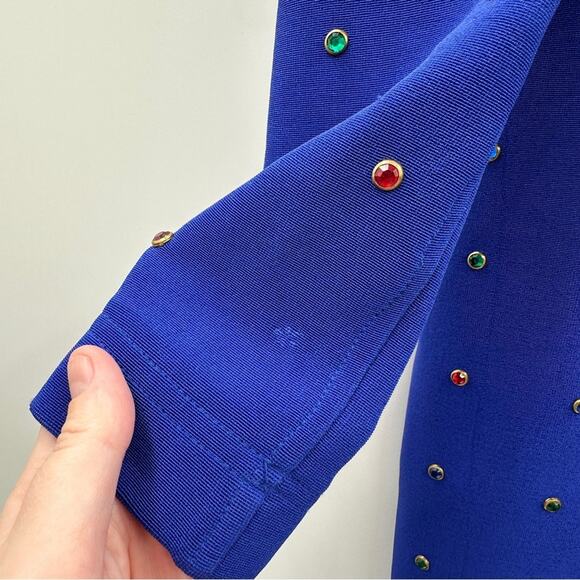 Vintage Tadashi 80s Blue Jeweled Bling Bodycon Sheath Knit Knee Length Dress - Picture 7 of 15